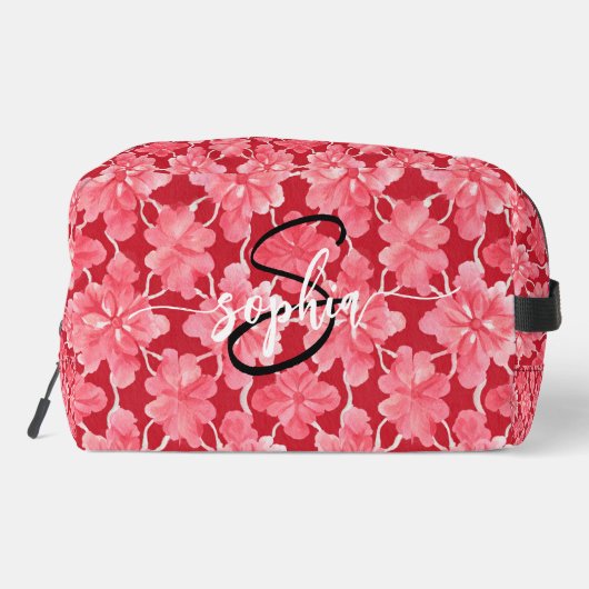Hot Pink Floral Monogram Name Script Toiletry Bag ドップキット (裏面)