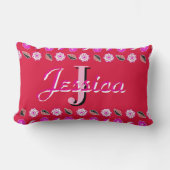 Hot Pink Floral Pattern Personalized Monogram ランバークッション (正面)