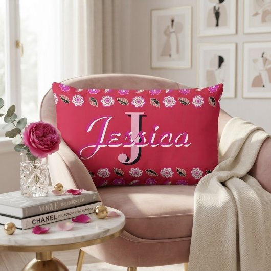 Hot Pink Floral Pattern Personalized Monogram ランバークッション