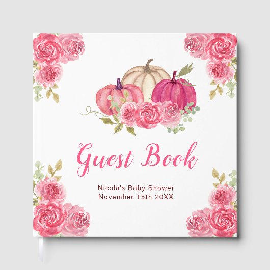Hot Pink Floral Pumpkins Baby Shower ゲストブック (正面)