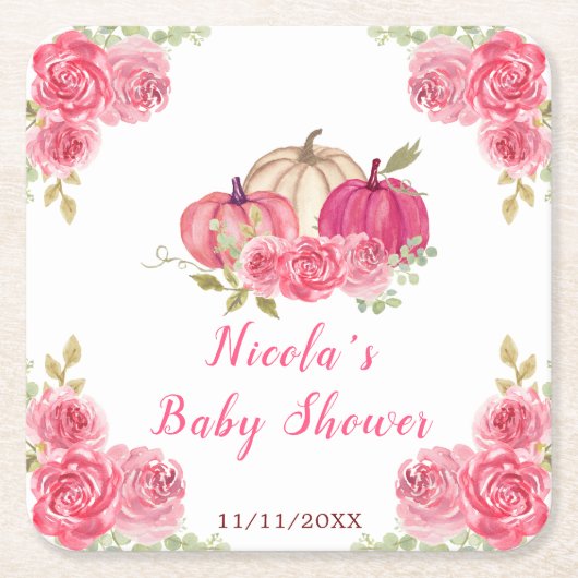 Hot Pink Floral Pumpkins Baby Shower スクエアペーパーコースター (正面)