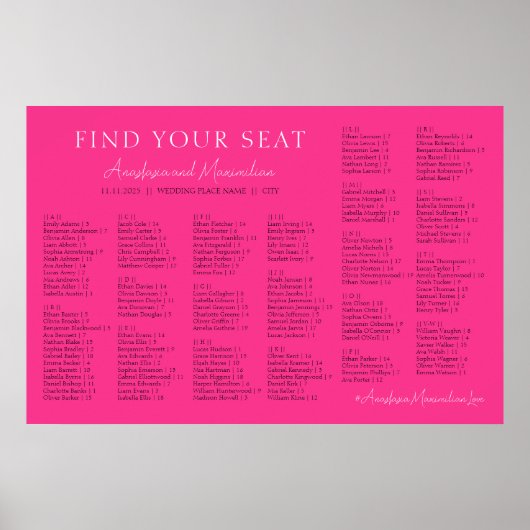 Hot Pink Fuchsia Wedding Alphabetical Seating ポスター (正面)