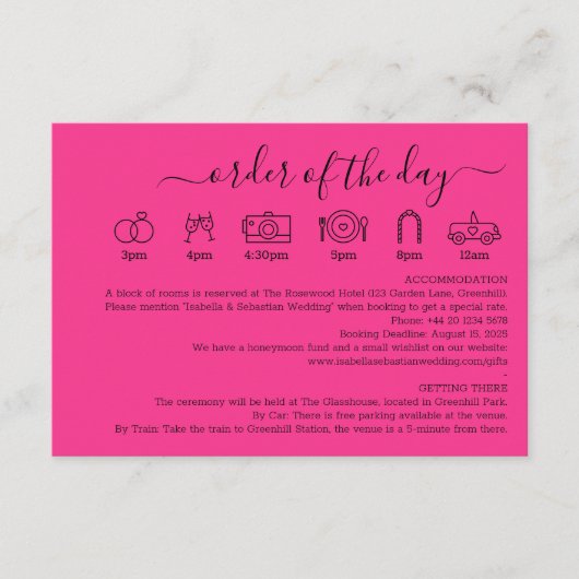 Hot Pink Fuchsia Wedding Details Order Of The Day エンクロージャーカード (正面)
