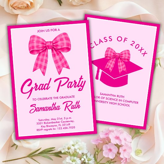 Hot Pink Gingham Bow Graduation Party 招待状
