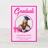 Hot Pink Gingham Bow Photo Graduation  カード (正面)