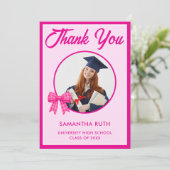 Hot Pink Gingham Bow Photo Graduation サンキューカード (スタンド正面)