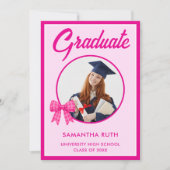 Hot Pink Gingham Bow Photo Graduation 案内状 (正面)