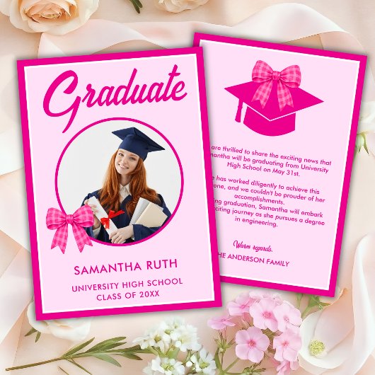 Hot Pink Gingham Bow Photo Graduation 案内状