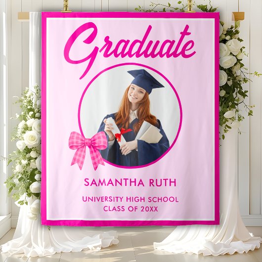 Hot Pink Gingham Bow Photo Graduation Backdrop タペストリー