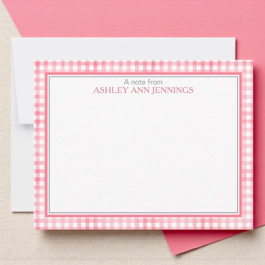 Hot Pink Gingham Check Border Personalized ノートカード