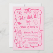 Hot Pink Girly Coquette Doodles photo graduation 招待状 (正面)