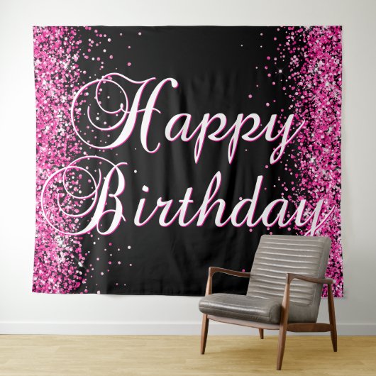 Hot Pink Glitter Black Happy Birthday Calligraphy タペストリー (インサイチュ(横))