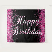 Hot Pink Glitter Black Happy Birthday Calligraphy タペストリー (正面(横))