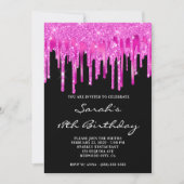 Hot Pink Glitter Foil Drips Black 18th Birthday 招待状 (正面)