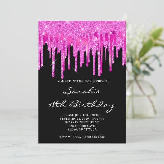 Hot Pink Glitter Foil Drips Black 18th Birthday 招待状 (スタンド正面)