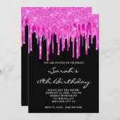 Hot Pink Glitter Foil Drips Black 18th Birthday 招待状 (正面/裏面)