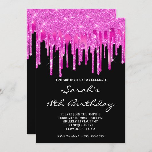 Hot Pink Glitter Foil Drips Black 18th Birthday 招待状 (正面/裏面)