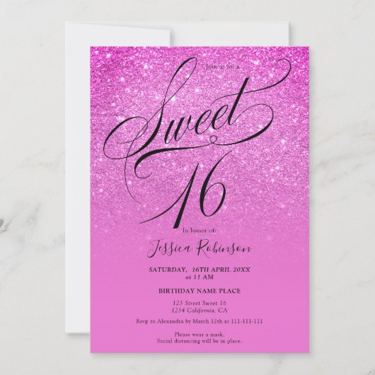Hot Pink glitter ombre script  photo Sweet 16 招待状 (正面)