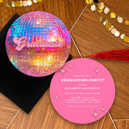 Hot Pink Glitter Retro Disco Ball Graduation Party 招待状