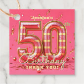 Hot Pink Gold 3D Striped 50th Birthday Thank You フェイバータグ (正面)