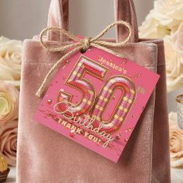 Hot Pink Gold 3D Striped 50th Birthday Thank You フェイバータグ
