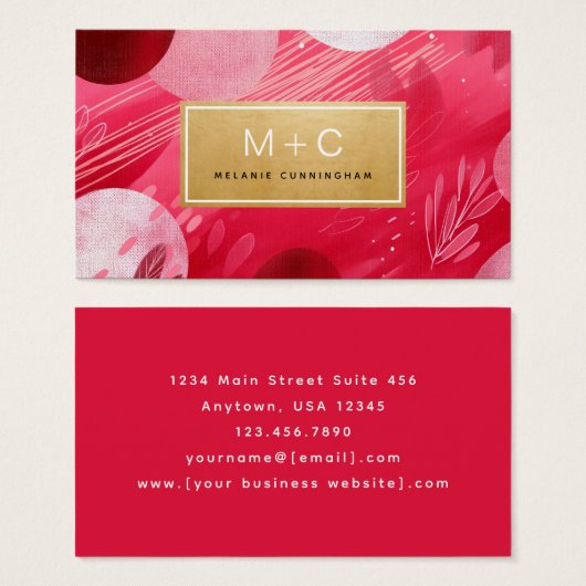 Hot Pink Gold Abstract Monogram Business Cards (正面&裏面)