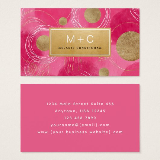 Hot Pink Gold Abstract Monogram Business Cards (正面&裏面)