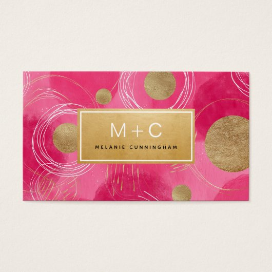Hot Pink Gold Abstract Monogram Business Cards (正面)