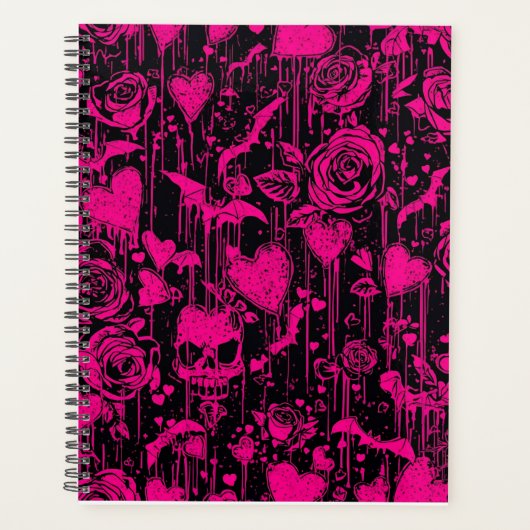 Hot Pink Gothic Roses & Skulls Pattern プランナー手帳 (正面)