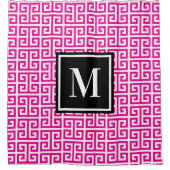 Hot Pink Greek Key Black White Monogram シャワーカーテン (正面)