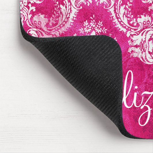 Hot Pink Grunge Damask Pattern Custom Text マウスパッド (コーナー)
