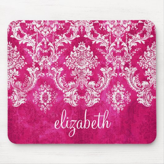 Hot Pink Grunge Damask Pattern Custom Text マウスパッド (正面)