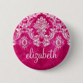 Hot Pink Grunge Damask Pattern Custom Text 缶バッジ (正面)