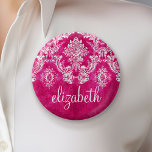 Hot Pink Grunge Damask Pattern Custom Text 缶バッジ<br><div class="desc">A vintage pattern with a chalkboard and lace design. Look closely to the flowers and leaves.A trendy design with jewel tone colors and elegance. Items are easier to customize when you replace all text and photos first. If your art still needs to be adjusted, click on the Customize This button....</div>