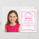 Hot pink hand-drawn bow photo birthday 招待状 (正面)