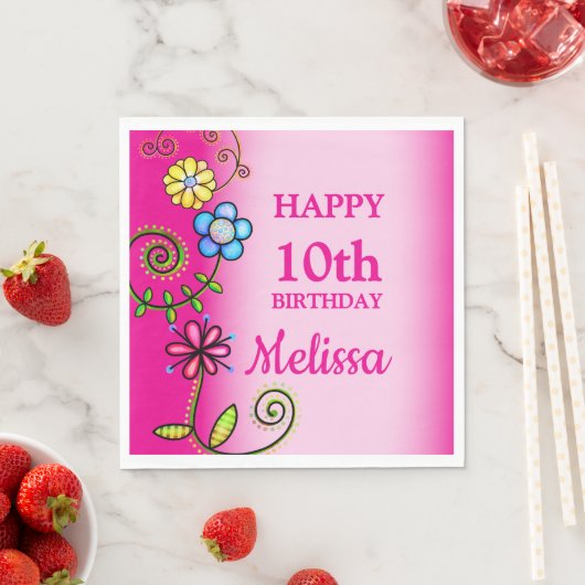 Hot Pink Hand-drawn Wildflowers スタンダードランチョンナプキン (インサイチュ)