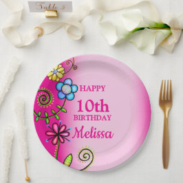 Hot Pink Hand-drawn Wildflowers ペーパープレート