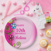 Hot Pink Hand-drawn Wildflowers ペーパープレート (パーティー)