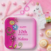 Hot Pink Hand-drawn Wildflowers ペーパープレート (パーティー)