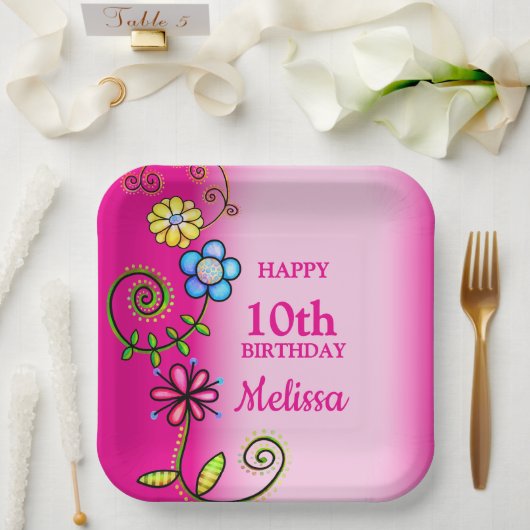 Hot Pink Hand-drawn Wildflowers ペーパープレート (ウェディング)