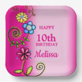 Hot Pink Hand-drawn Wildflowers ペーパープレート (正面)