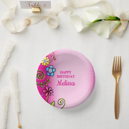 Hot Pink Hand-drawn Wildflowers ペーパーボウル (ウェディング)