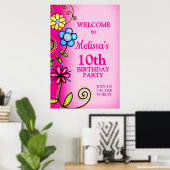 Hot Pink Hand-drawn Wildflowers ポスター (ホームオフィス)