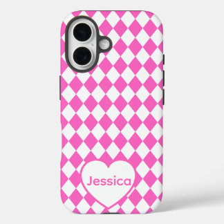 Hot Pink Harlequin Pattern Personalized Name iPhone 16ケース