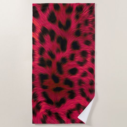 Hot Pink Leopard Print Faux ビーチタオル (正面)