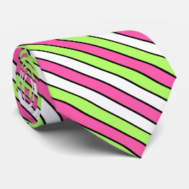 Hot Pink, Lime Green, Black and White Stripes ネクタイ