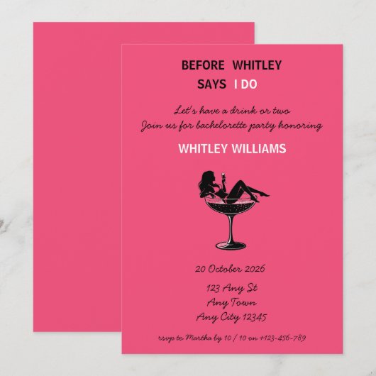 Hot Pink Martini Bachelorette Party Invitation 招待状 (正面/裏面)
