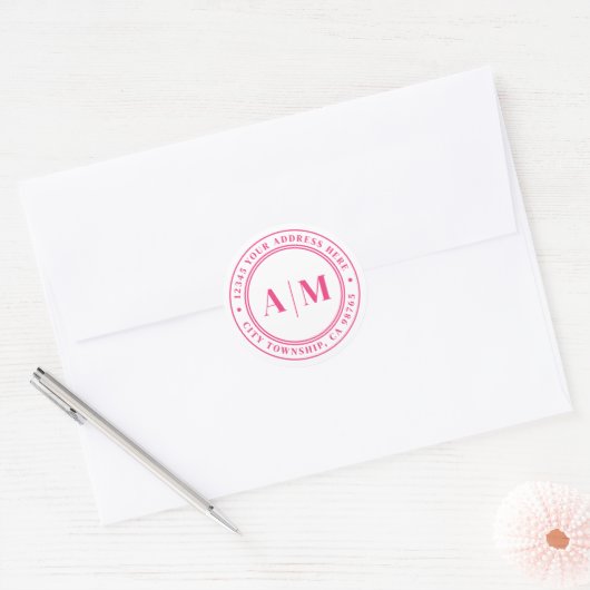 Hot Pink Monogram Return Address ラウンドシール (封筒)