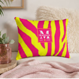 Hot Pink Neon Yellow Zebra Stripe Bold Y2K  アクセントクッション