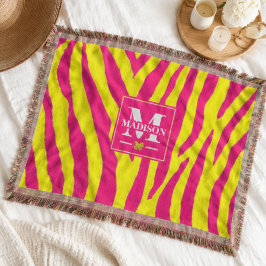Hot Pink Neon Yellow Zebra Stripe Bold Y2K  スローブランケット